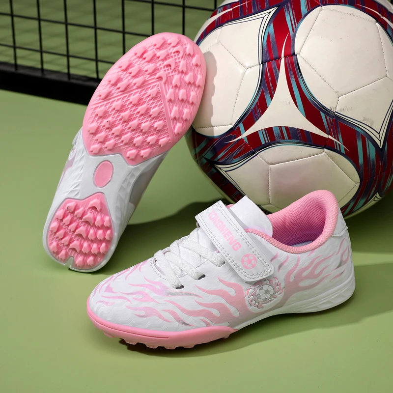 Youth Soccer Cleats with Hook-and-Loop Closure Leather Non-Slip Football Shoes for Boys Girls Durable Firm Ground Outdoor Traine