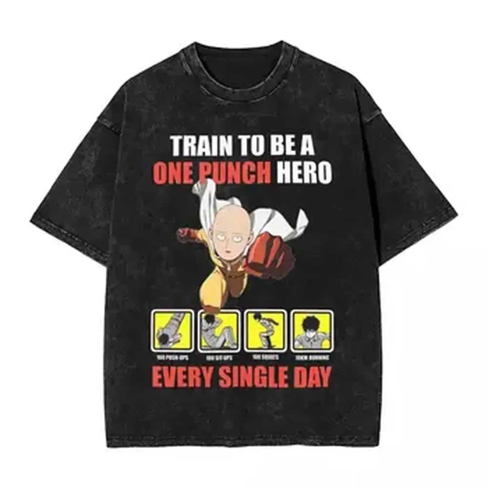 One Punch-Man Saitama's Gym Funny Graphic T Shirts Washed Oversized T-Shirts Men Women Clothing Short Sleeve Cotton Soft Tees