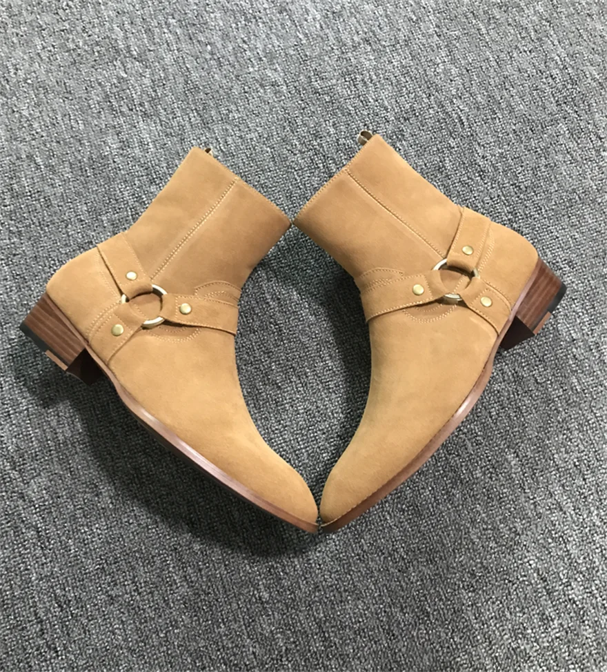 Factory Men Real Picture Leather Buckle Ring Strap Pionted Toe Chelsea style Luxurious Dress Wedding Men Boots