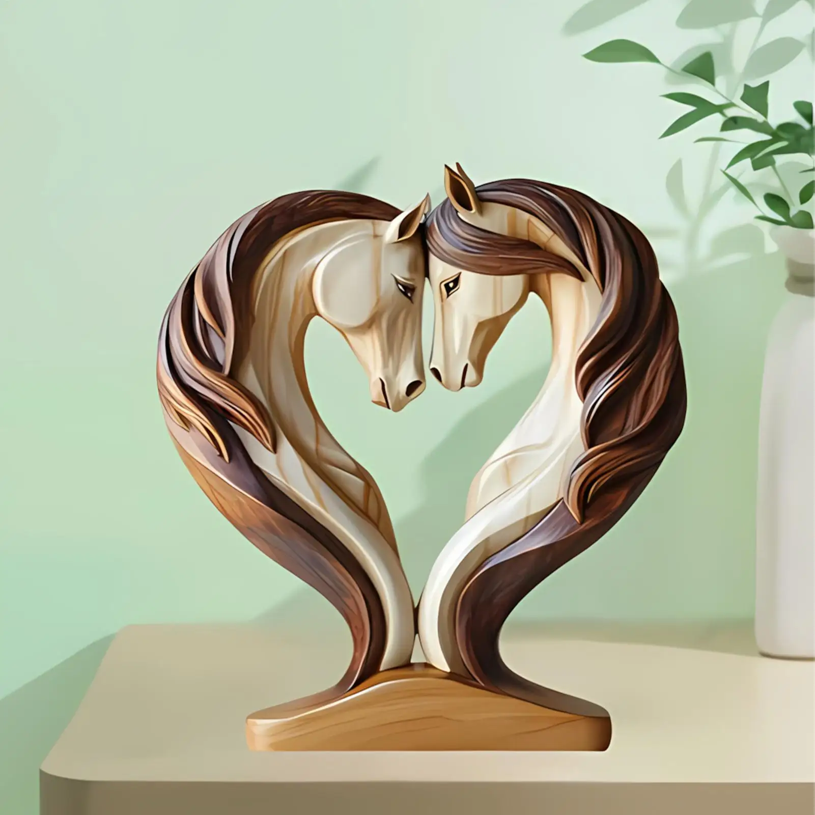 2D Holzpferd-Statue in Kuschelhaltung Tierfigur Skulptur für Wohnzimmer Regal Arbeitsplatz Eingangsbereich Schrank Dekoration