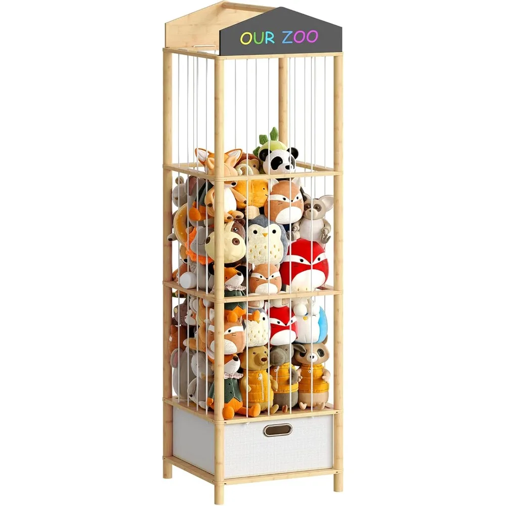 

Stuffed Animal Storage Organizer Bamboo Toy Holder with Fabric Drawer and Chalkboard for Playroom Nursery