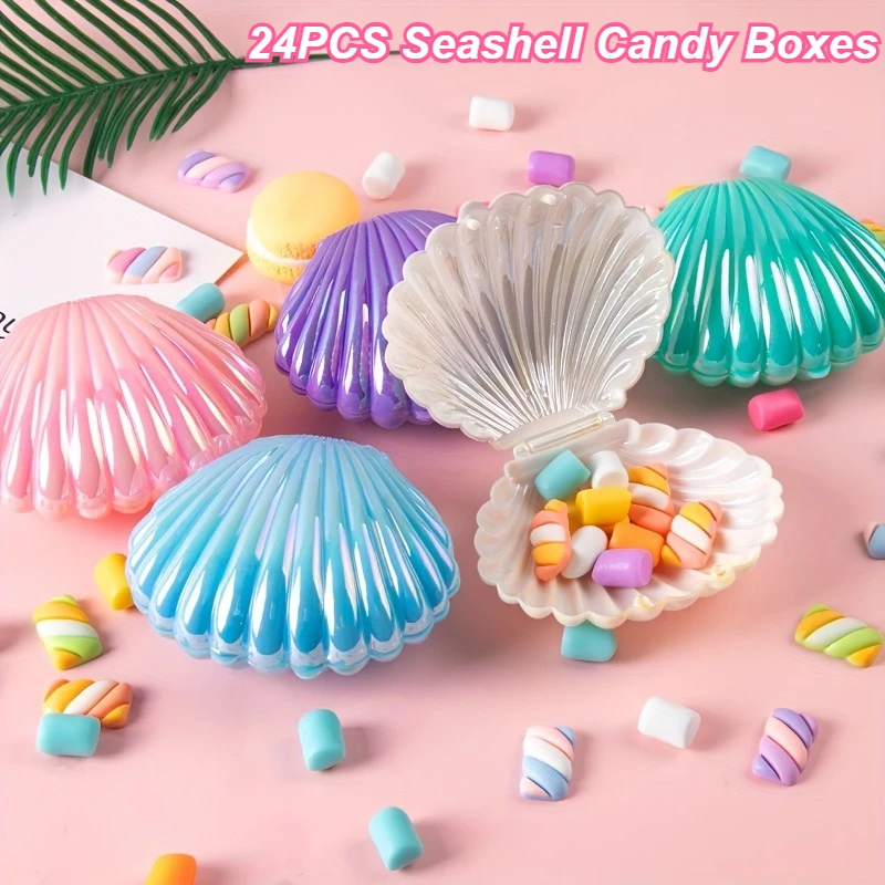 24 Cajas de Dulces con Forma de Concha Marina en Tonos Pastel Rosa, Turquesa, Morado, Azul y Blanco para Bodas, Cumpleaños, Fiestas en la Playa, Recuerdos y Decoración