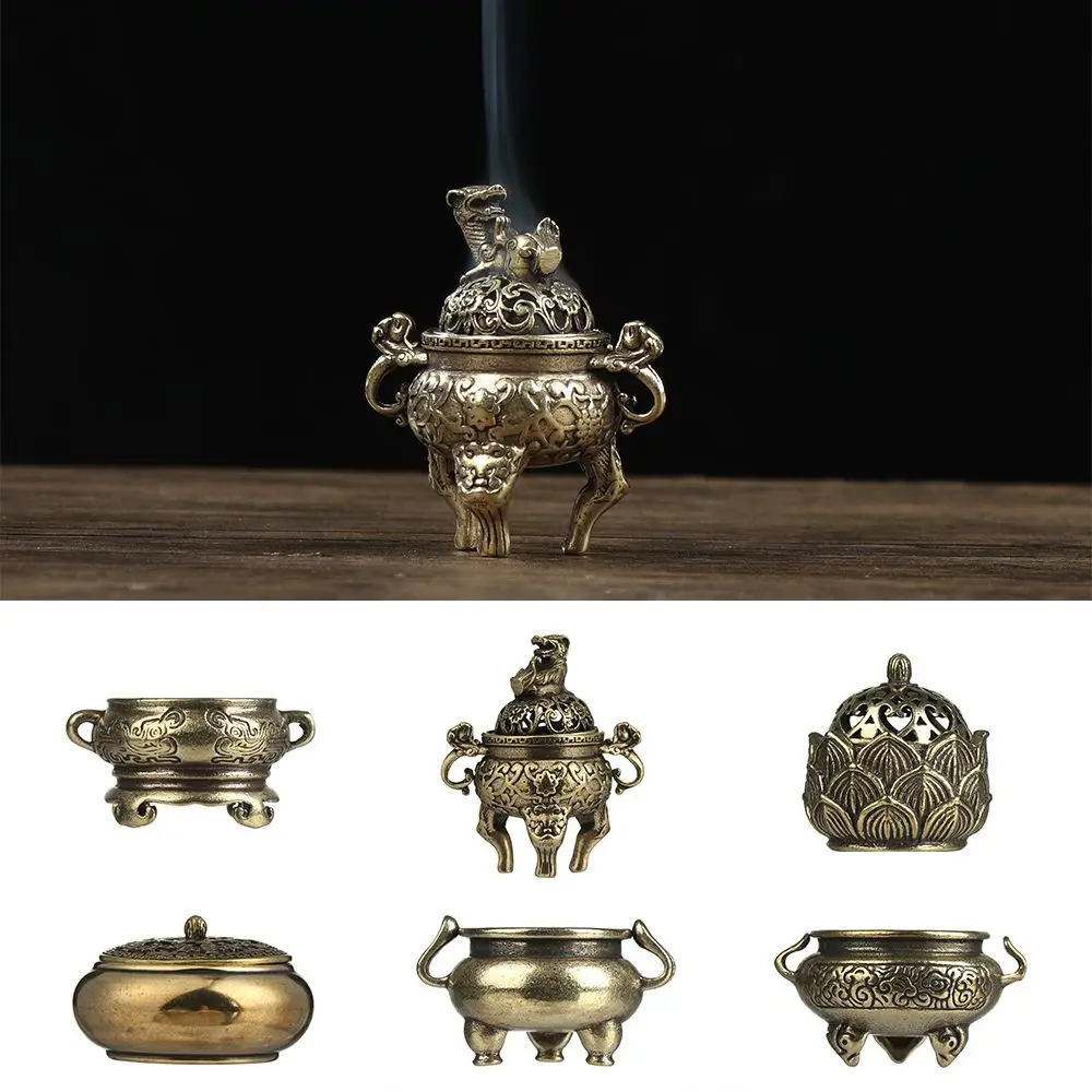 Craft Home Decoration Cense Stick Holder Mini Qilin Head Hollow Lotus Retro Brass Censer Incense Burner