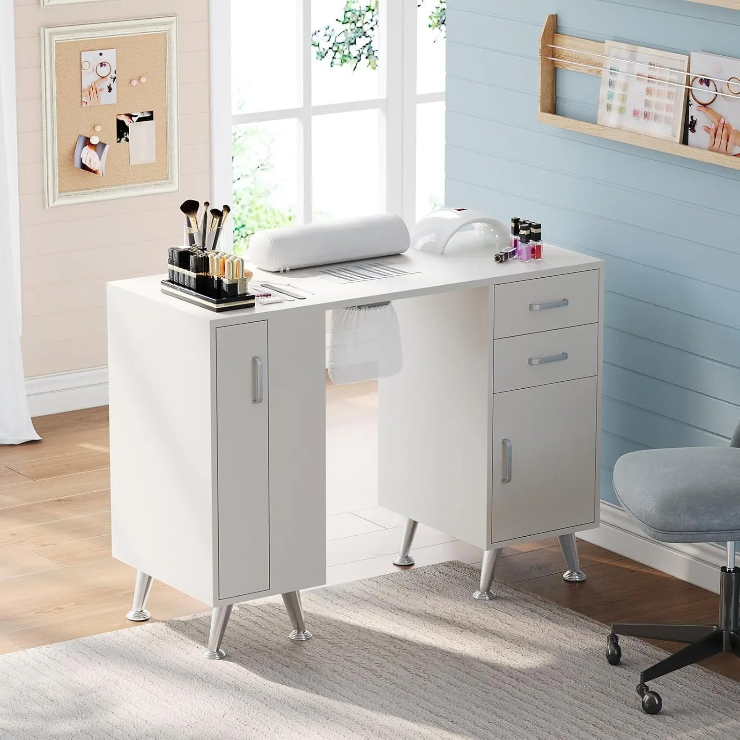Nail Table Workstation for Beauty Salon Manicure Table Nail Desk with Vertical Locker Storage Cabinet 4-Tiers Open Shelves