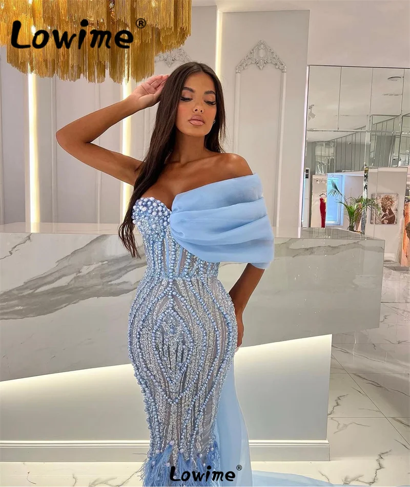 Feathers Blue Long Prom Dress Arabic Evening Dresses Beaded Birthday Engagement Gowns Aso Ebi Women Wedding Party Dress Robe