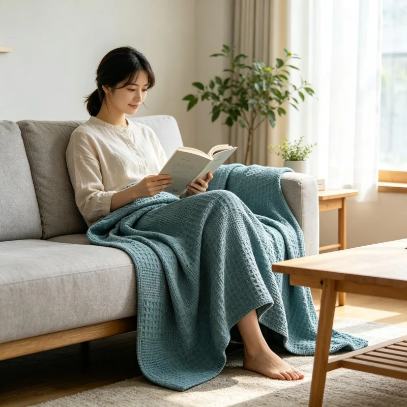 Cotton Waffle Weave Throwing Blanket | A-Level Breathable Lightweight Travel Airplane Sleeping Blanket -Sofa Bed for Outdoor Use