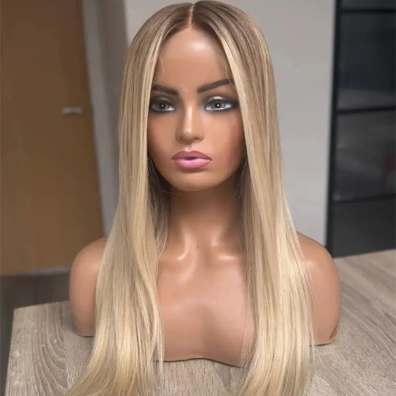 

180% Density Women's Wig 13x4 Middle Part Ombre Blonde Balayage Luxury Synthetic Lace Front Wig 24 Inches Long Straight Bob Wig
