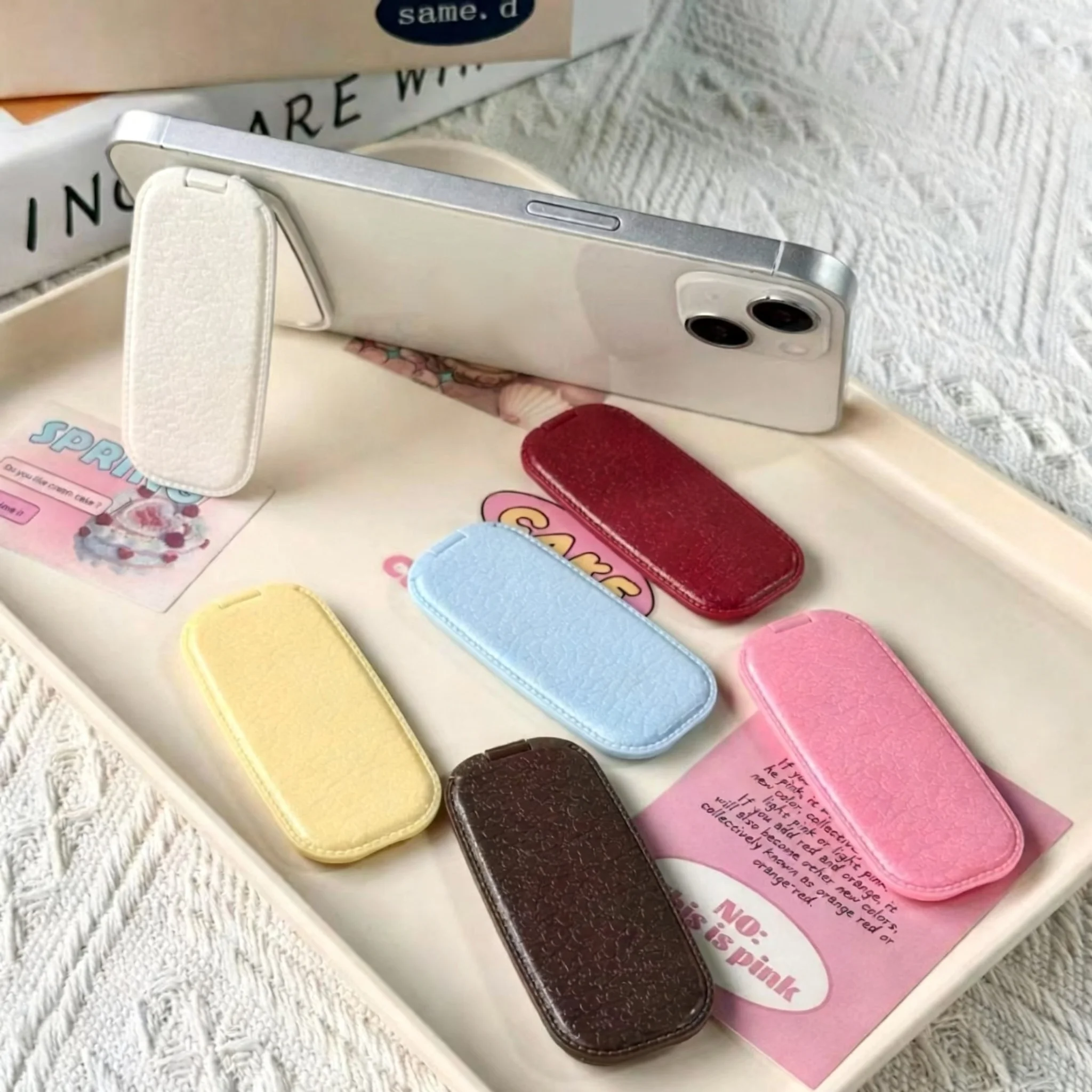Solid-Color Leather-Textured Japanese-Korean Style Ins Mirror Stand Adhesive for Phone Cases Tablets Desktop Makeup Mirrors