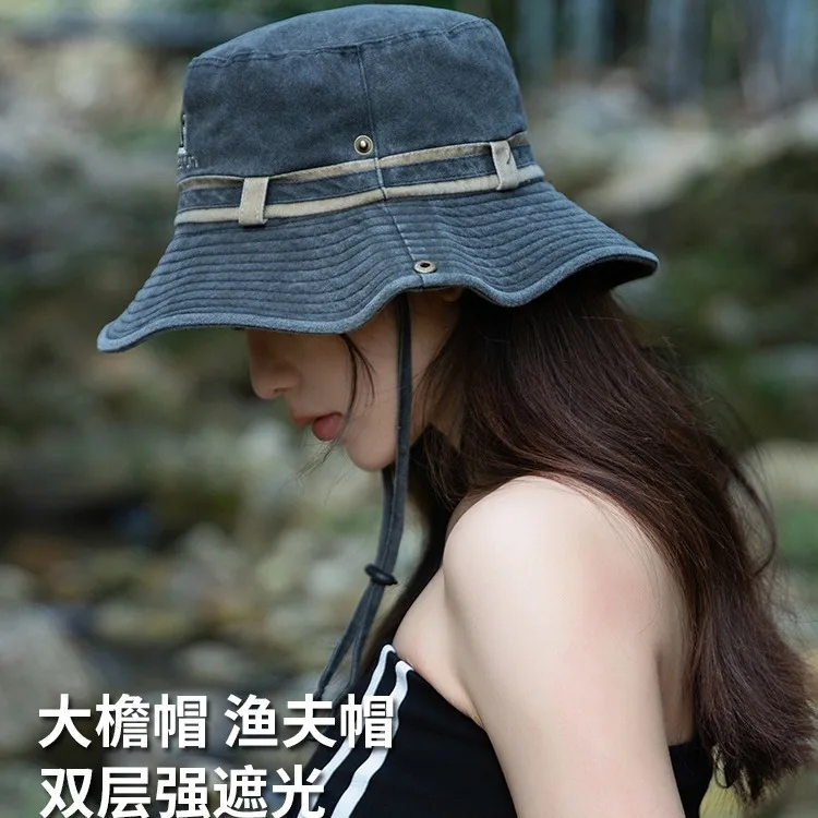 قبعة رعاة البقر الغربية الصيفية للسيدات، قبعة صياد مغسولة عتيقة مع درع شمس برباط للمشي لمسافات طويلة في الهواء الطلق والتسلق ​