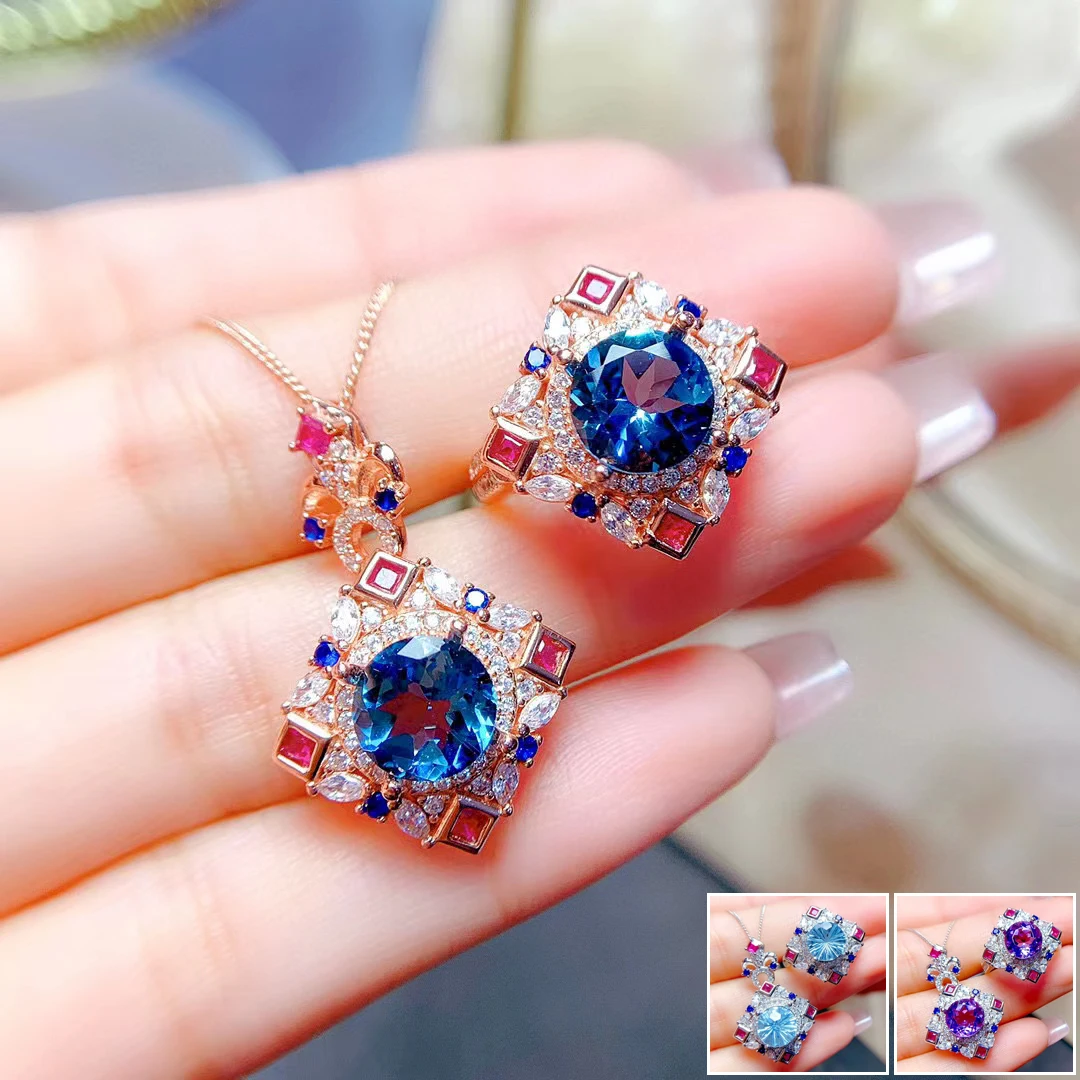 

MeiBaPJ London Blue Topaz/Amethyst Fashion Jewelry Set 925 Silver Ring Pendant Fine Wedding Jewelry for Women