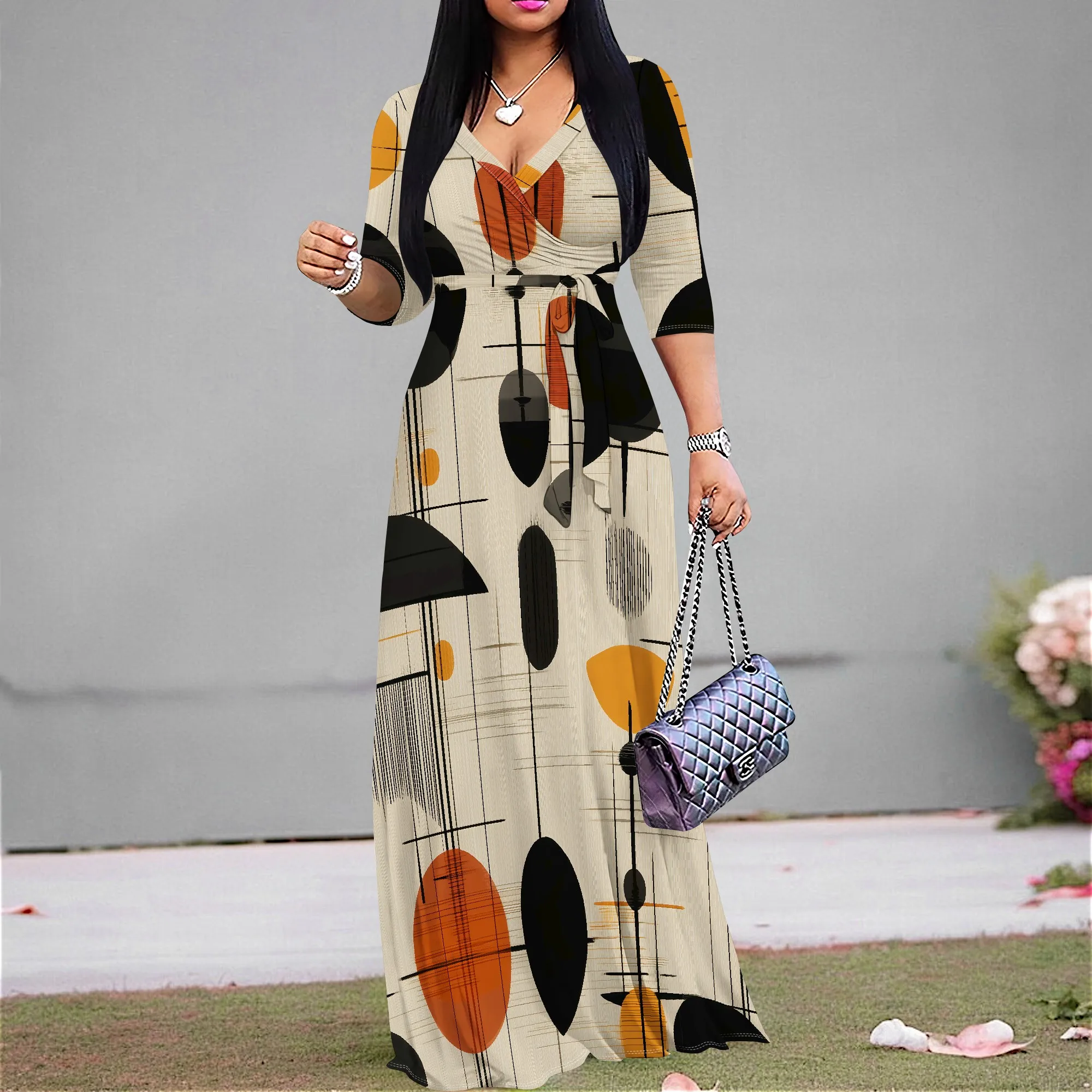

Abstract Geometric Wrap Maxi Dress for Women S-3XL 3/4 Sleeve Art Show or Museum Look Elegant Modern Style