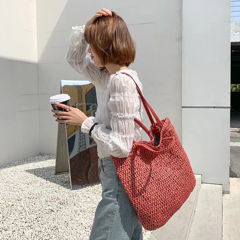 Casual Straw Shoulder Bag Woman Designer Wicker Woven Handbag Women Summer Beach Rattan Large Capacity Tote Large Purses Ladies