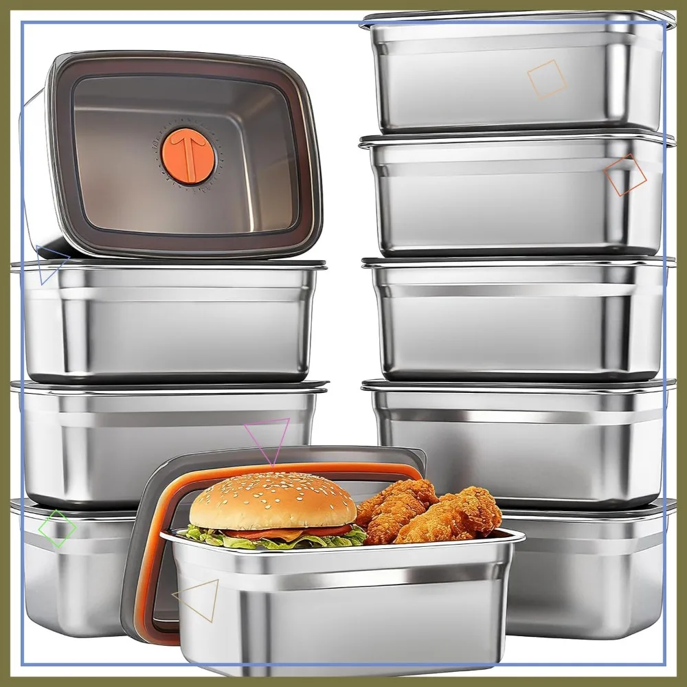 

10 Pack Stainless Steel Food Storage Containers with Airtight Lids, Stackable and Leakproof for Kitchen and Freezer Use