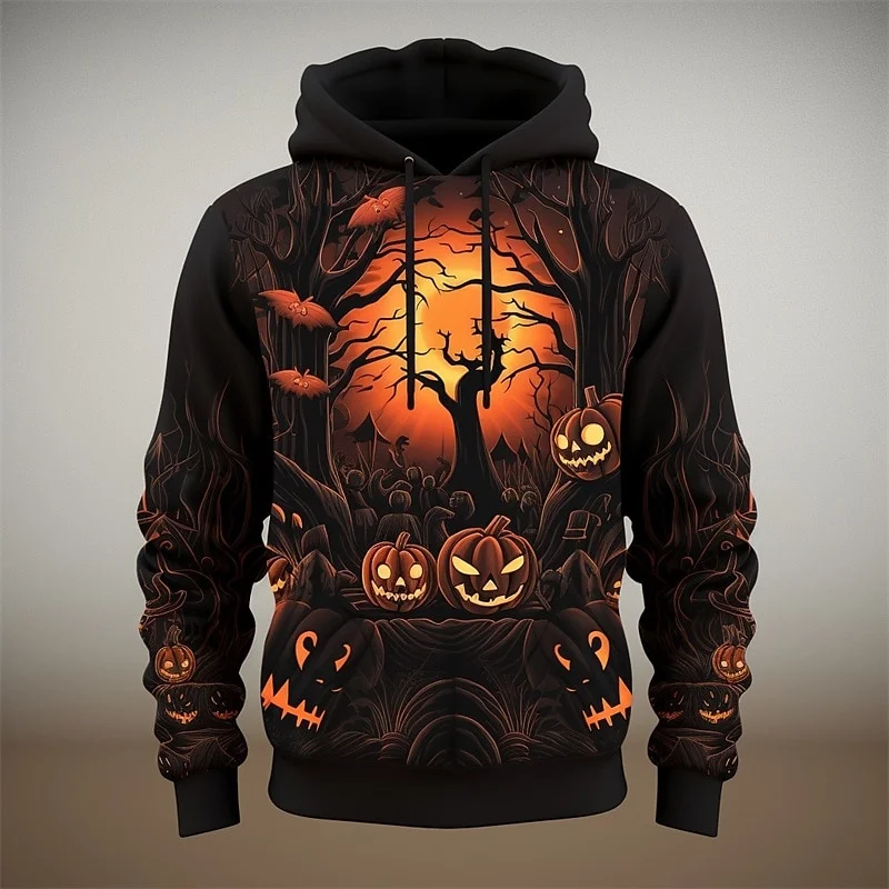 Halloween Pumpkin Graphic Hoodie For Men Withered Tree 3D Printed Sweatshirt Autumn Casual Pullover Long Sleeve Hoodies Tops