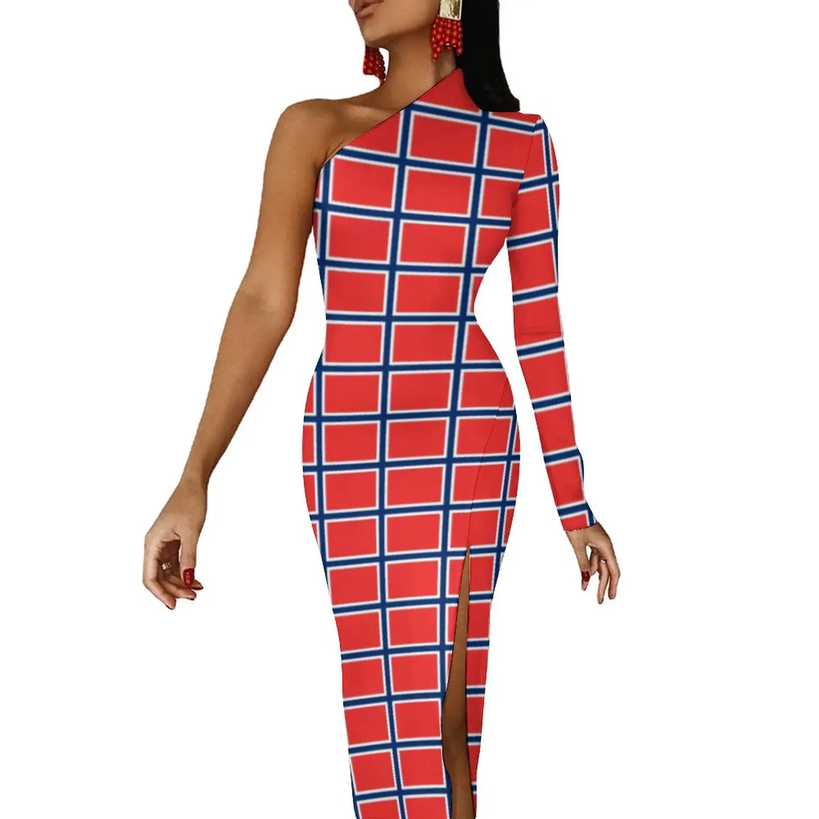 Nordic Lines Print Maxi Dress One Shoulder Flag Of Norway Aesthetic Bodycon Dresses High Slit Night Club Dress Ladies Vestido