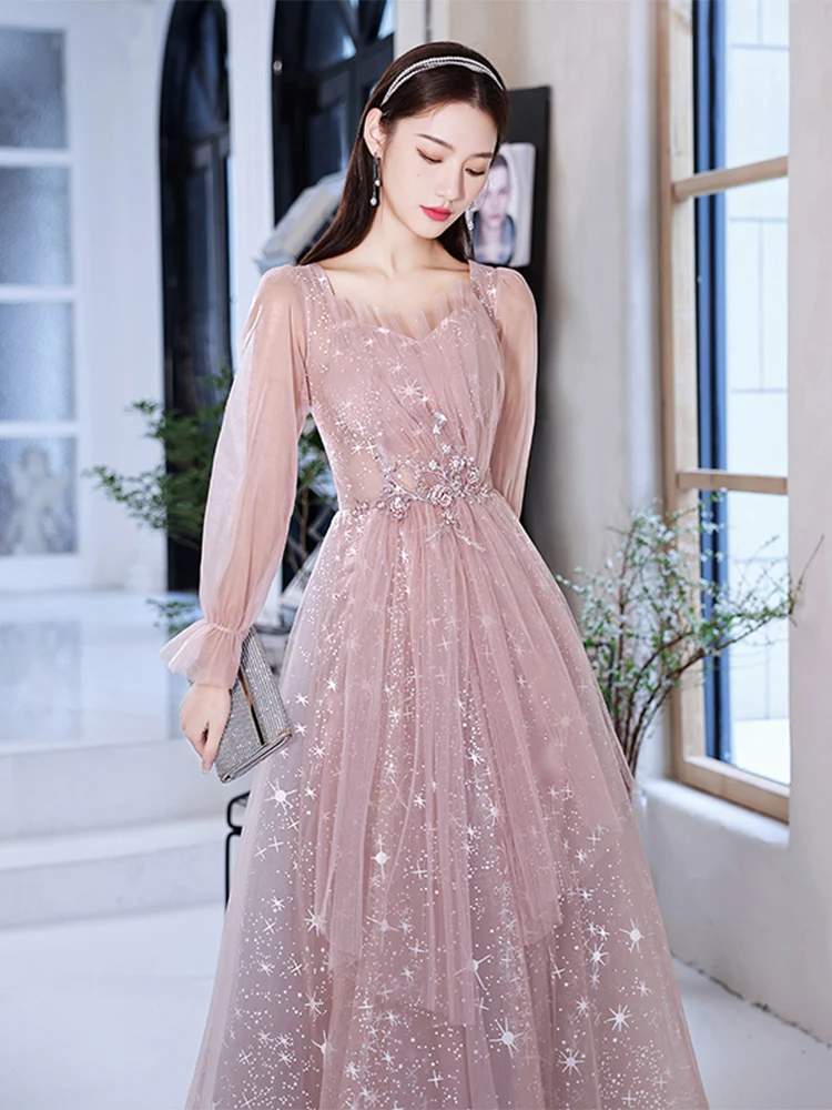 Robe de soiree Pink Shiny Star Prom Gowns Long Sleeves Formal Evening Dresses Floor-Length Cocktail Party Dress customized