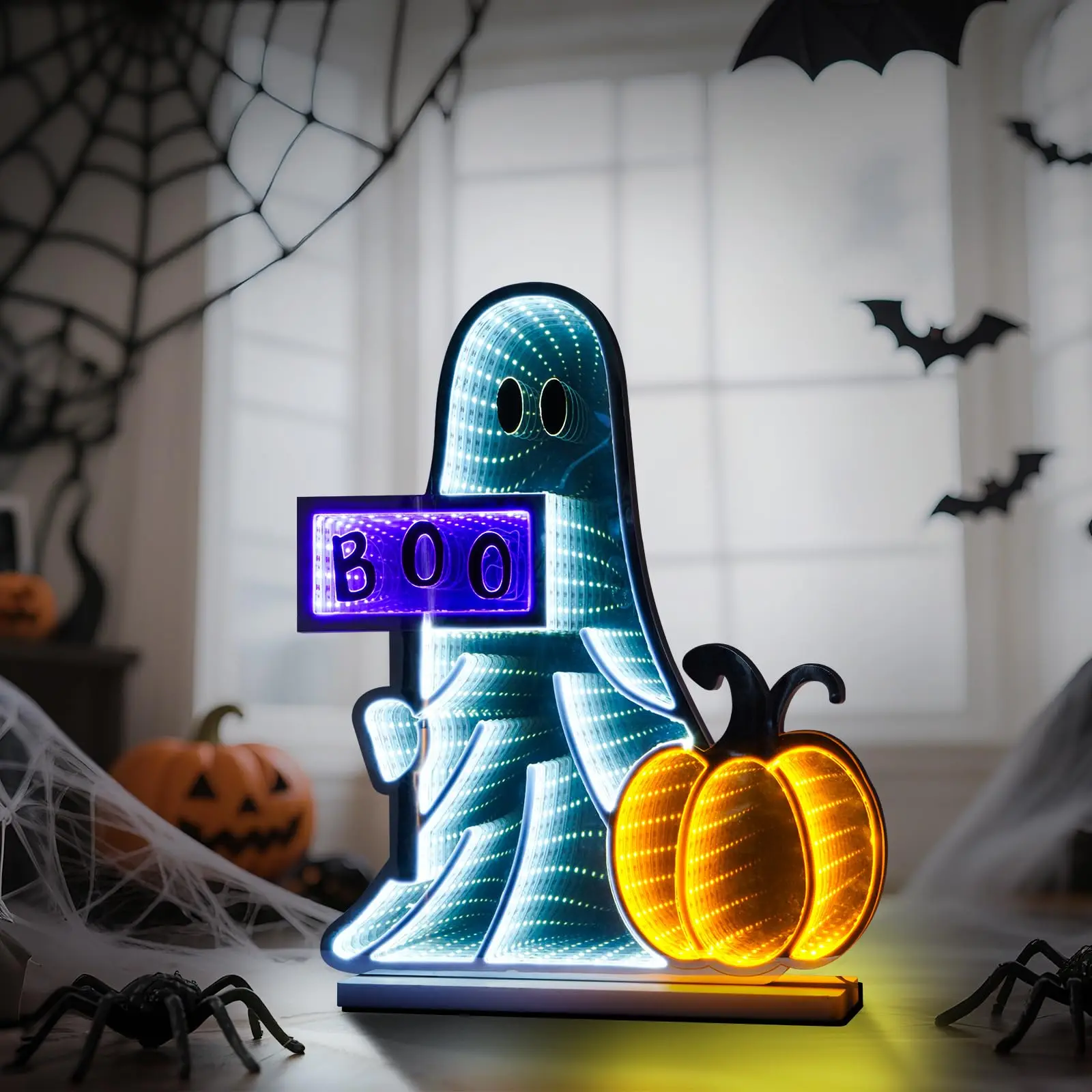 3D Mirror Tunnel Light Ghost Pumpkin Neon Sign Lighted USB Powered Wall Decor for Cute Spooky Boo Sign Halloween Party Shelf Hom