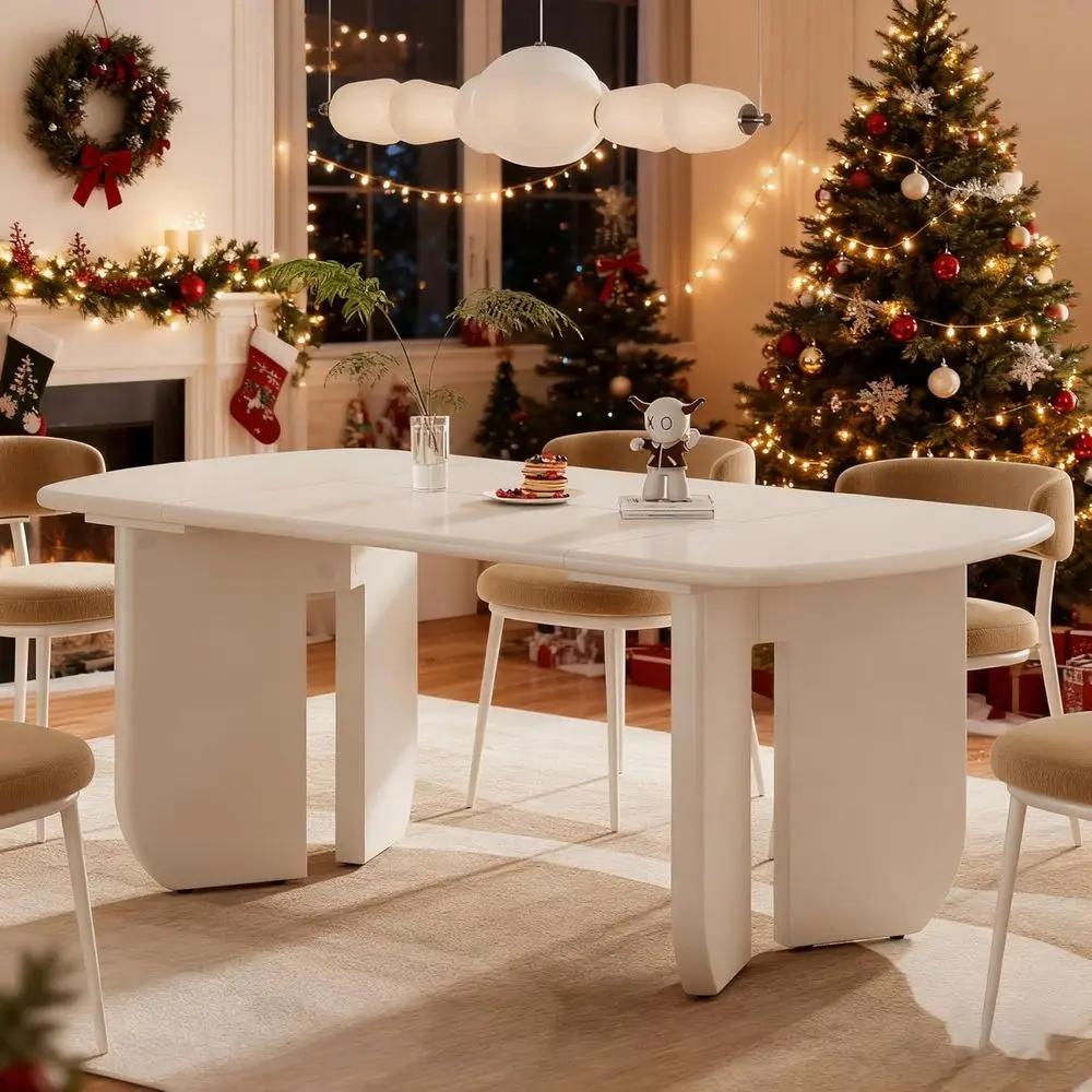 63 White Large Dining Table for 4-6, Rounded Edges, Suitable for Kitchen or Dining Area
