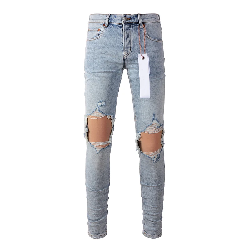 Herren klassische blaue amerikanische Streetwear Distressed Skinny Button Fly zerstörte Löcher zerrissene Jeans Hosen