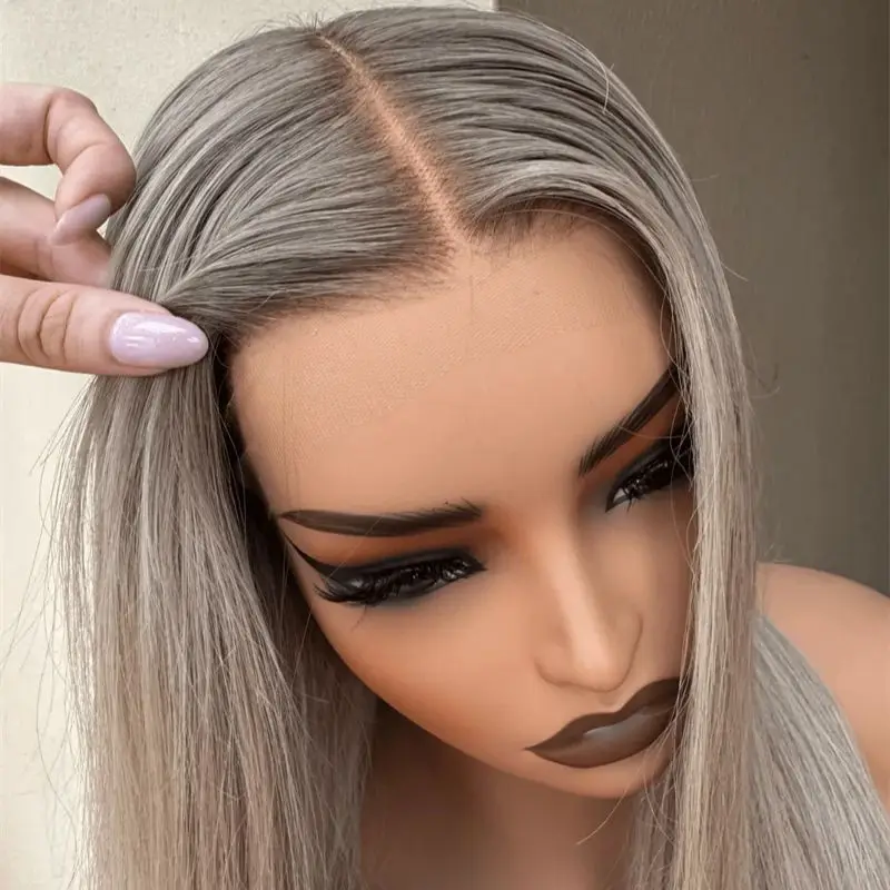 

Ash Roots 13x4 Ombre Platinum Blonde Balayage Luxury Synthetic Lace Front Wig Short Straight Bob Glueless Wig for White Women