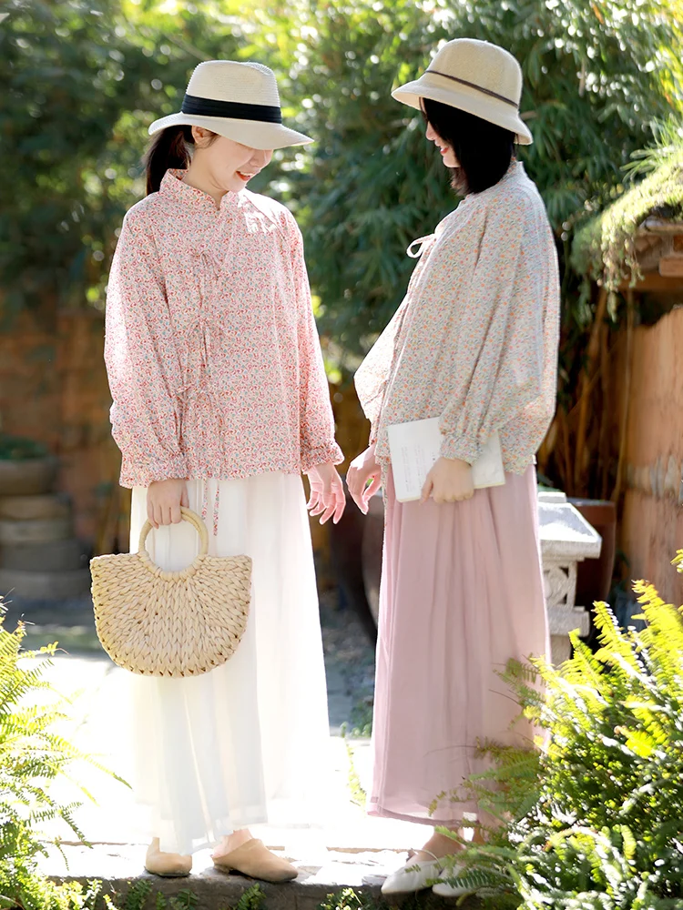 

Оригинальная женская повседневная хлопковая рубашка свободного кроя с поясом, воротником-стойкой, цветочным принтом, в винтажном стиле, с эффектом омоложения