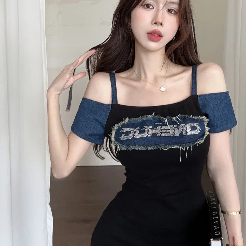 

Summer Sweet Spicy Girl Pure Desire One Shoulder Sexy Strap Dress Women's Color Block Tight Fit Short Skirt Korean Style