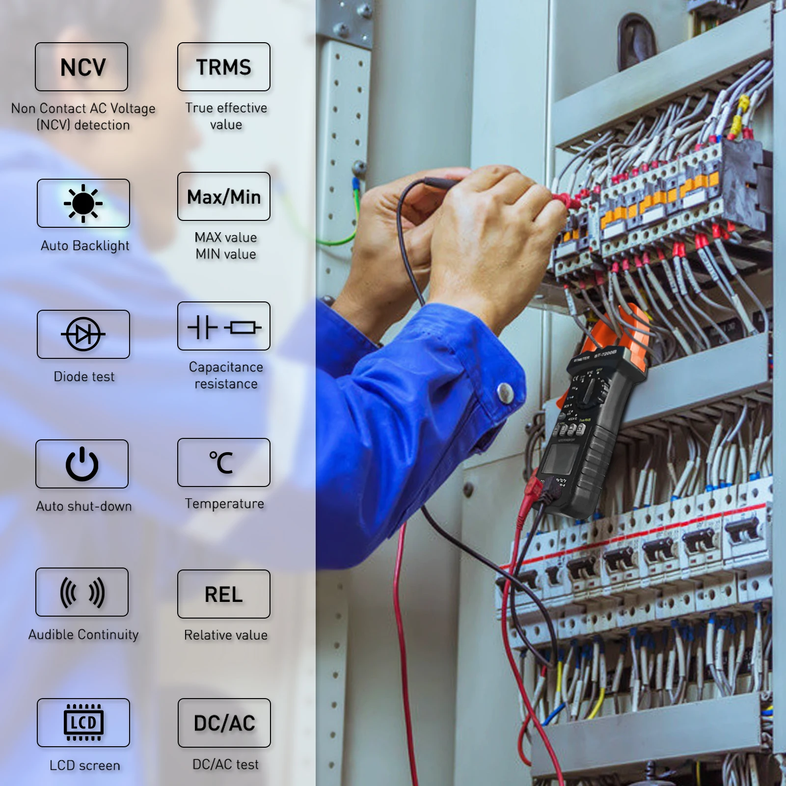 BTMETER-Medidor de pinza Digital de BT-7200B, TRMS, 6000 recuentos, medidor de voltaje, medidas de rango automático, capacitancia, diodo, probador de continuidad