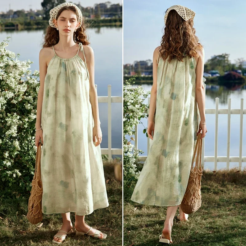 OLrain Urlaub Urlaub Lange Cami Kleider Frauen 2025, Sommer A-linie Ärmellose Chiffon Druck Elegante Sexy Kleider O24XL89918