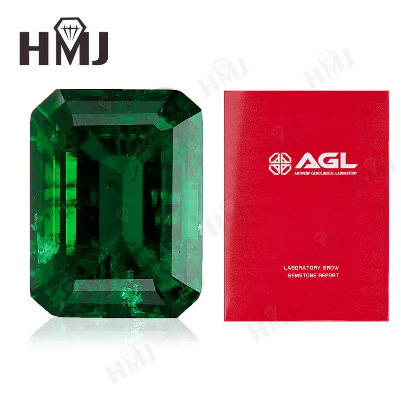 Lab Grown Zambian Emeralds Hydrothermal Hand Cutting Emerald Cut with Cracks Inclusions Inside Selectable AGL Certificate