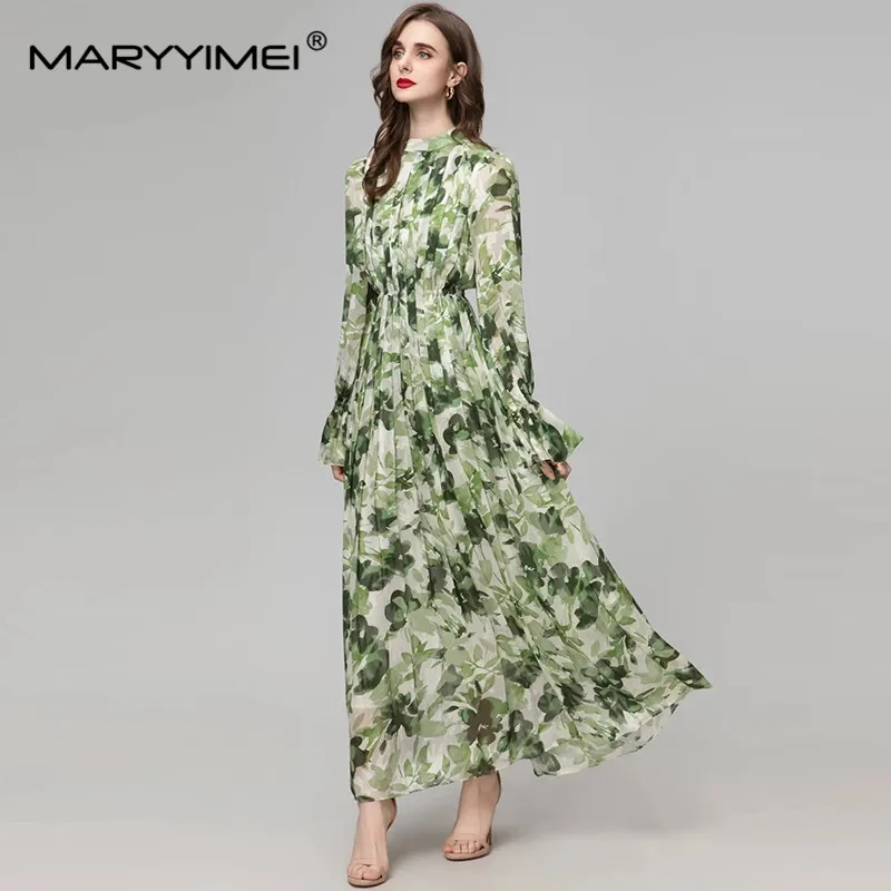 MARYYIMEI New Fashion Women's Stand Up Collar Lantern Long Sleeved Pleated Slim Fit Printed Holiday Elegant Medium Length Dress