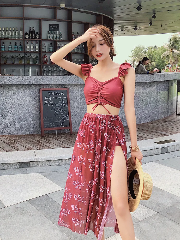 Korean Tankini srt  Swimming Suit for Women Print Bikinis Three Piece Holiday Split Swimsuit Female Hot Spring Bathing Suit