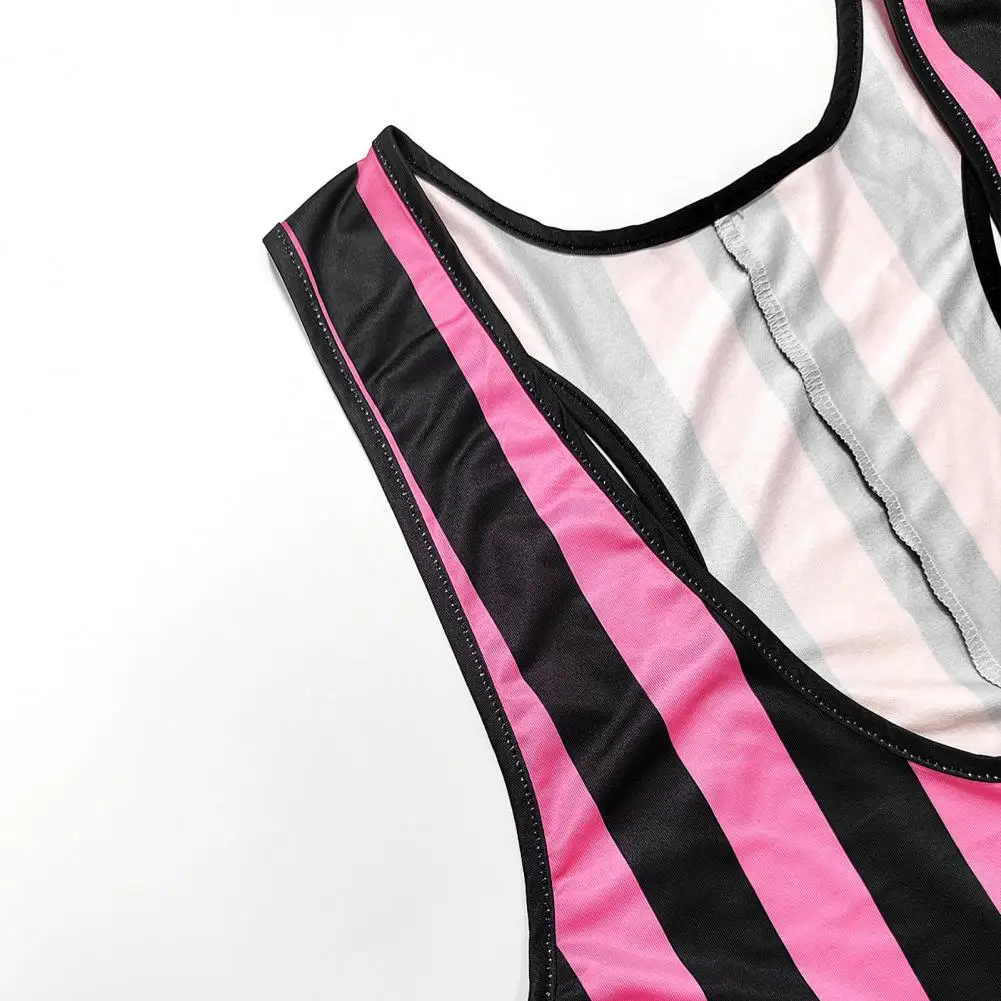 Men Fitness Bodysuit Sleeveless Deep U Neckline Striped Jumpsuit Gym Athletic Supporters Boxers Wrestling Singlets Leotard Top