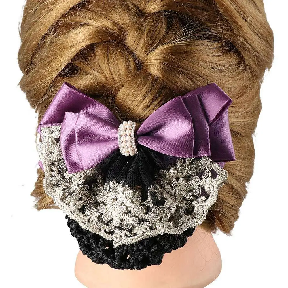 Satin Women Floral Lace Pearl Flight Attendant Professional Lady Lace Bow Hairgrips Hair Clip Bow Hair Net