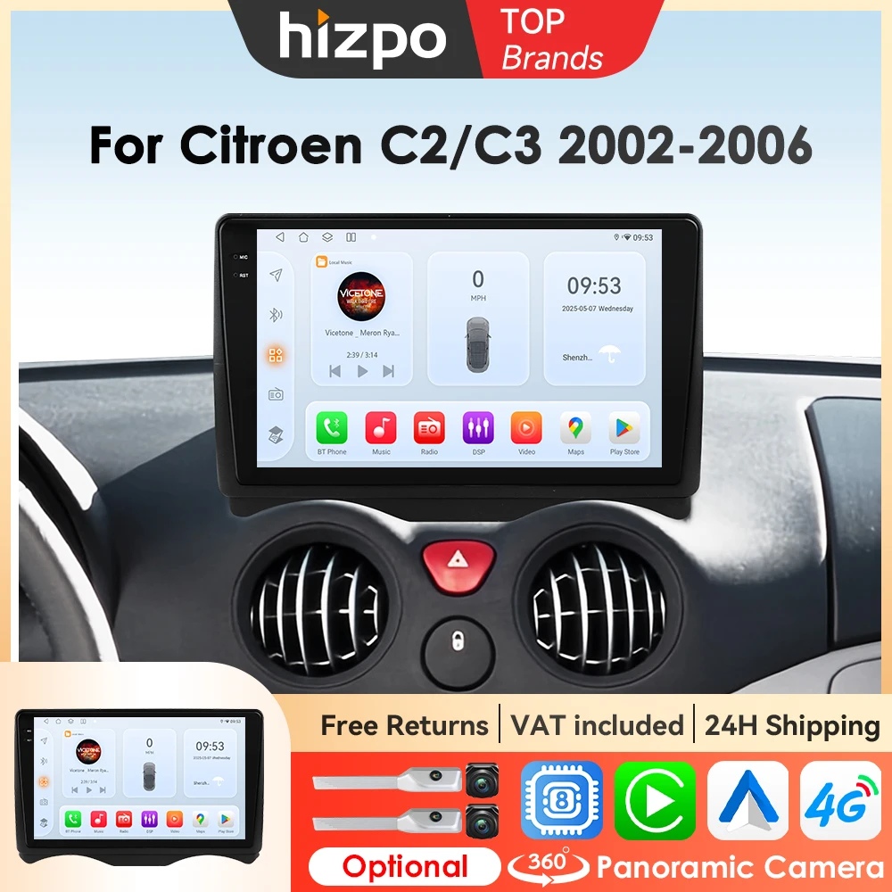 Hizpo Car Audio Carplay Android Auto Per Citroen C2 C3 2002 - 2006 Lettore Multimediale Con Telaio GPS RDS Stereo Octa Core 8G 128G