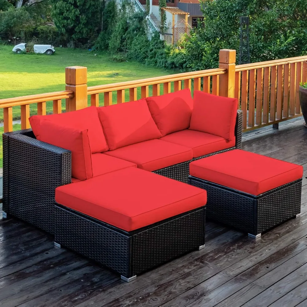

5 Piece Patio Furniture Set, Outdoor Sectional Rattan Sofa Set with Cushions and Coffee Table, Customized