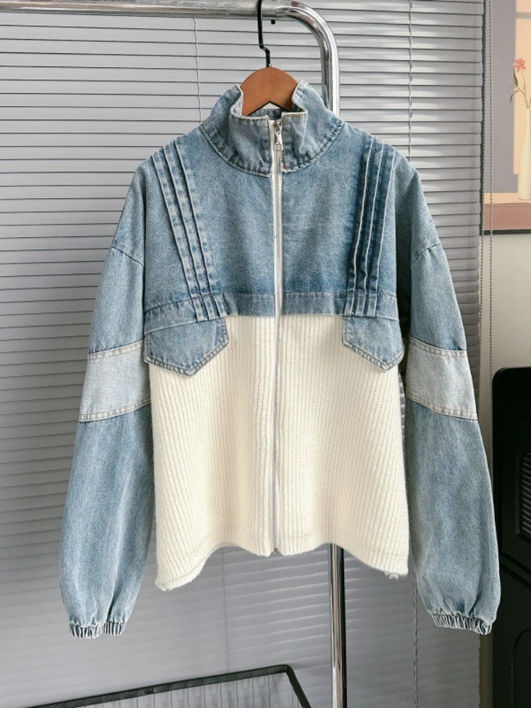 

Корейский модный кардиган на молнии, джинсовые лоскутные плиссированные свитера с длинными рукавами, пальто, винтажный дизайн, вязаные топы, свободная женская одежда