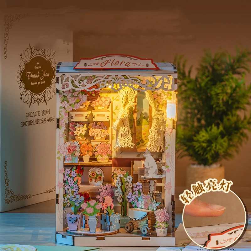 DIY Houten Boekenhoekje Plank Insert Kit Gezellige Bloemenwinkel Boekensteun Miniatuur Model Kits Boekenplank voor Vrienden Verjaardagscadeaus