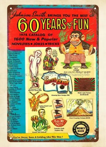 art wall 1974 comic ad 60 years of fun novelties jokes tricks metal tin sign