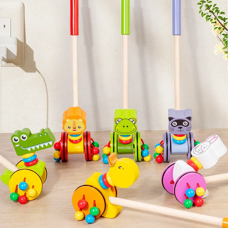 

Baby Walker Push Pull Toy - Animal Shape Duck Rabbit Crocodile Wooden Learning Toddler Toy with Beaded Rattle for 1-3 Years