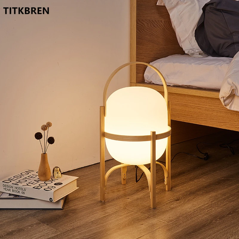 

Japan Style Wood Basket Table Lamp Glass Lampshade Bedroom Bedside LED Lighting Living Room Standing Floor Lamp Tabletop Fixture