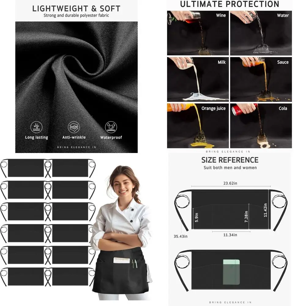 

12-Pack Water-Resistant Server Aprons with 3 Pockets, 11.5 Black Waist Apron for Waitstaff & Bartenders