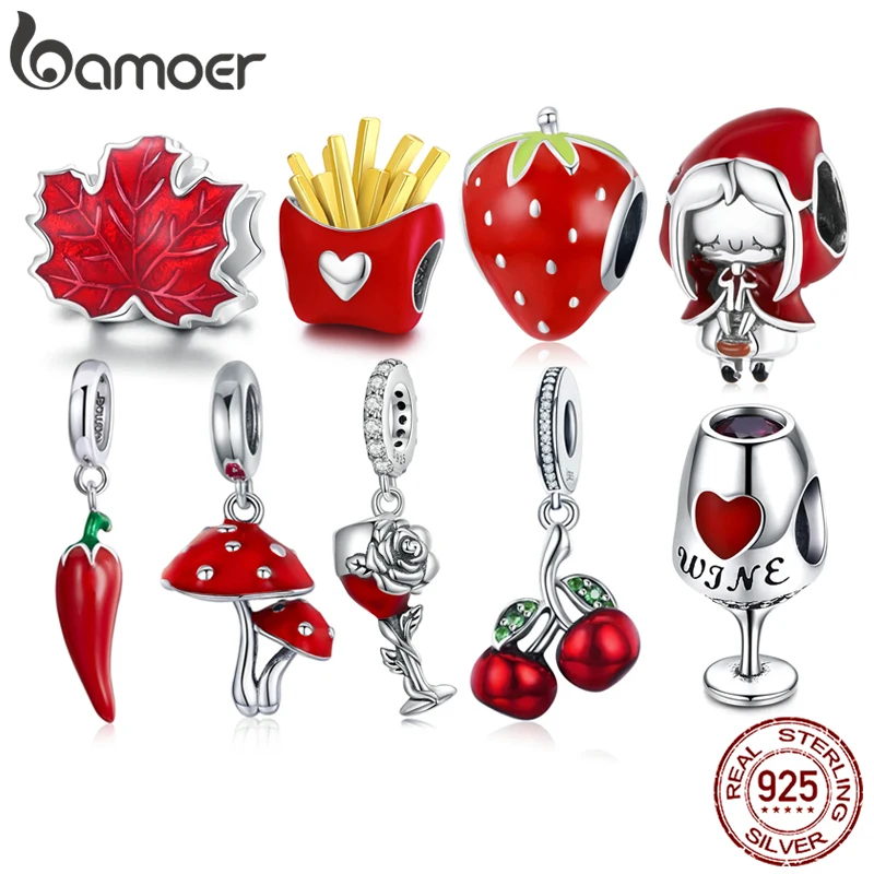 BAMOER Solid 925 Sterling Silver Red Enamel Cherry/Pepper/Mushroom Charm Bead fit Original Bracelet bamoer DIY Charm