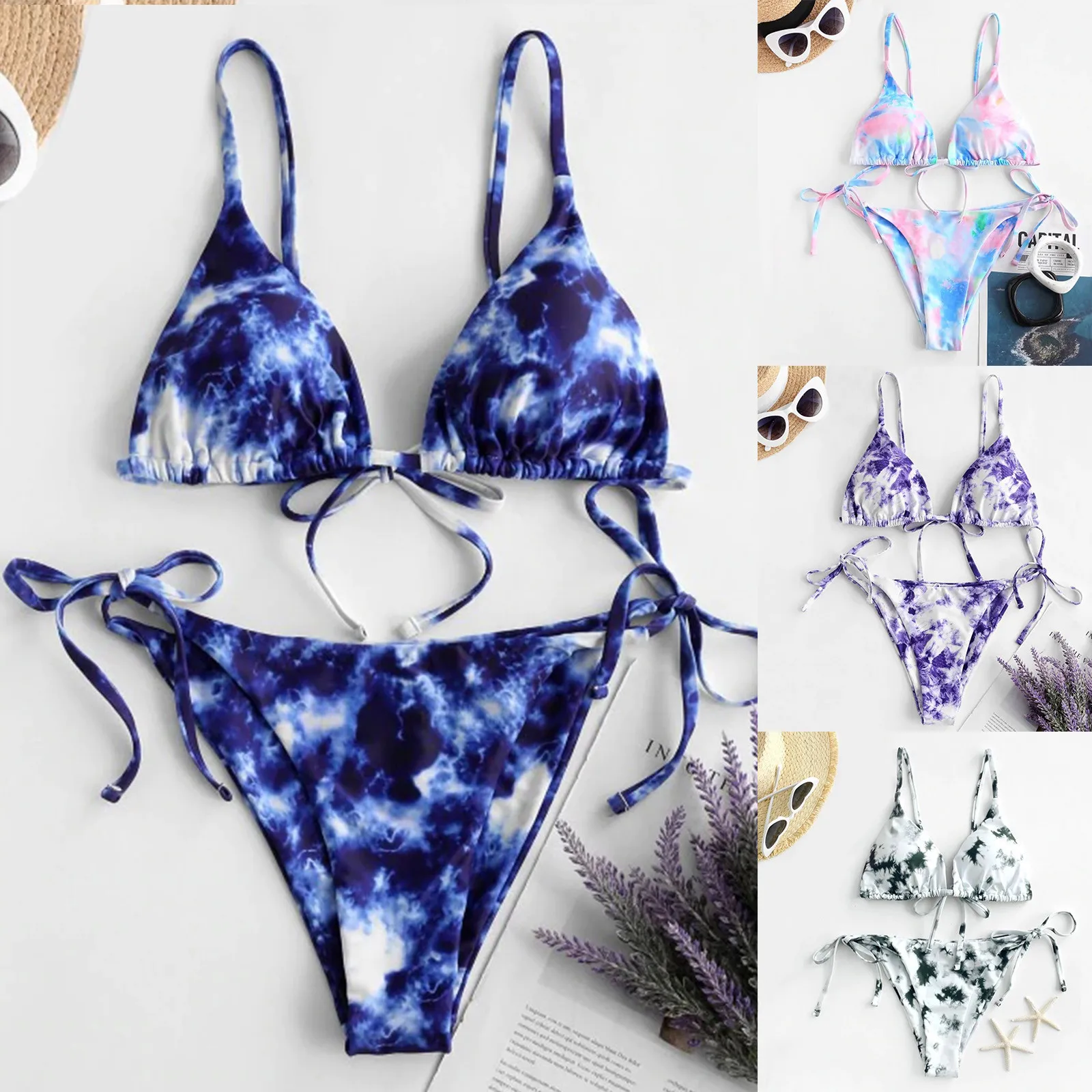 Bañador estampado de encaje para mujer, traje de baño de dos piezas de alta calidad, conjunto de Tie-Dye Sexy, corte de pierna, Tankinis, conjunto de Bikini