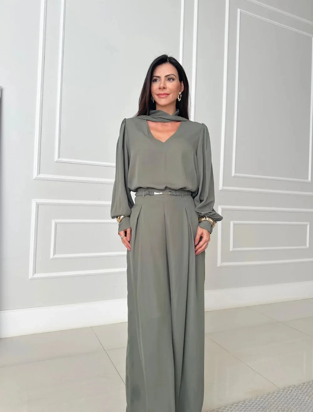 

High Quality Fashion Casual Outfit Spring Women V-neck Ribbon Pullover Top+High Waist Loose Wide Leg Pants Autumn Two Piece Set