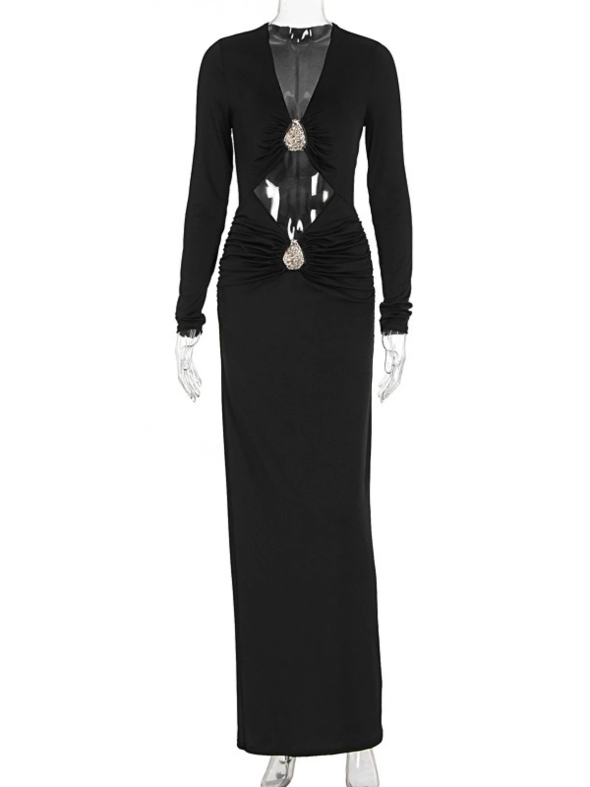 SsTss – robe Maxi découpée pour femmes, élégante, noire, col en V, manches longues, ajourée, taille haute, plissée, coupe cintrée, dos fendu, robe de soirée