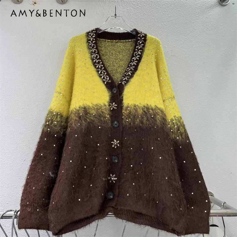 

Vintage Style Gradient Color Knitted Cardigan Sweater Coat Ladies 2025 Winter New Soft Comfortable Thick Versatile Top Knitwear