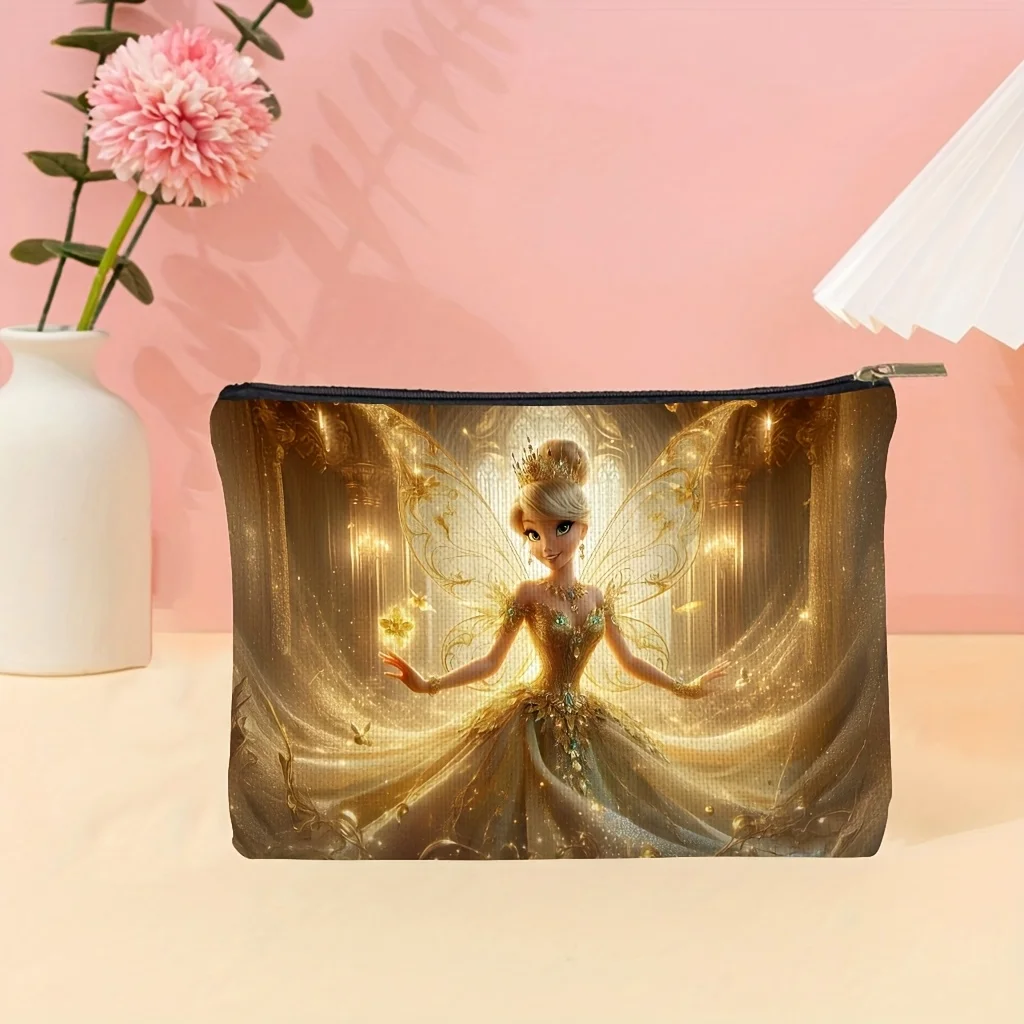 1 ディズニー ピクシー プリンセス 金メッキ化粧バッグ、きらめく羽と宮殿風プリント、ジュエリー収納バッグ、完璧なトラベルジッパー収納バッグ - 楽しい誕生日プレゼント