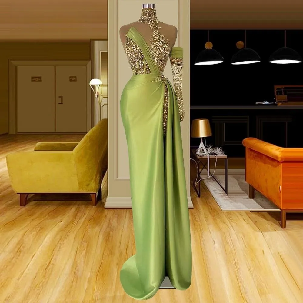 

Green Prom Dresses Sheath Long Sleeves Sequins Slit Prom Gown Saudi Arabia Dubai Black Girls Evening Dresses Robe De Soiree