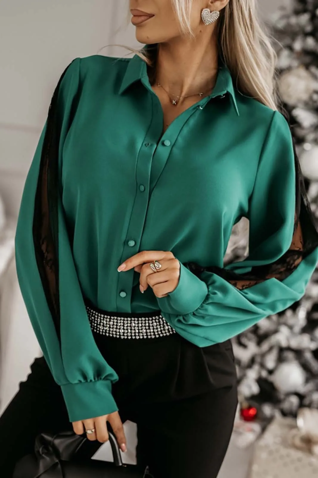 Women's Spring Autumn Turn Collar Mesh Patchwork Long Sleeve Shirt
