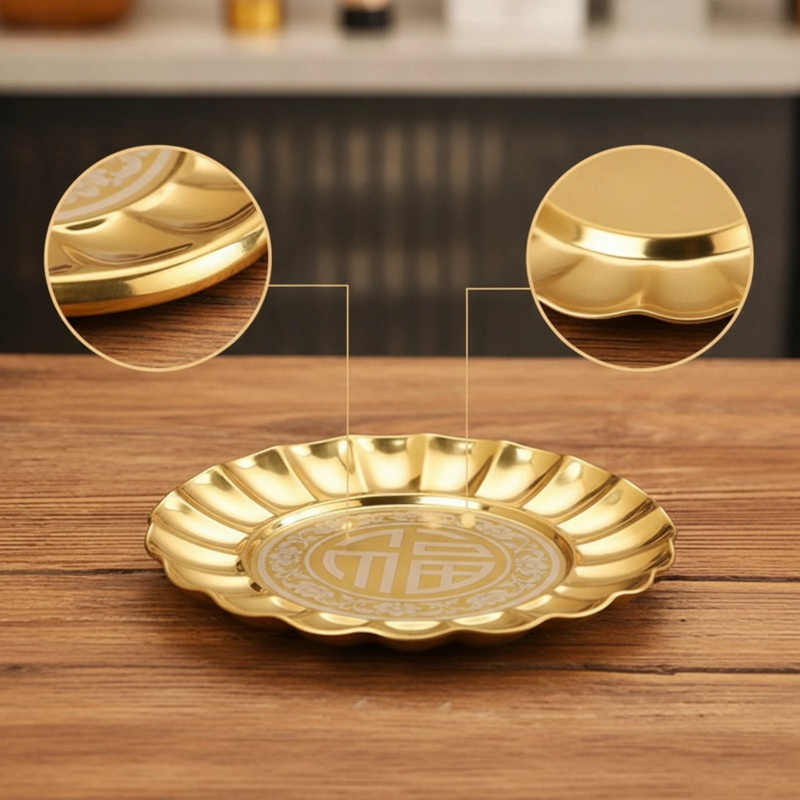Fruit Offering Plate Thickened Plate with Fu Character Tray with Scalloped Rim Decorative Stainless Steel Tray Traditional